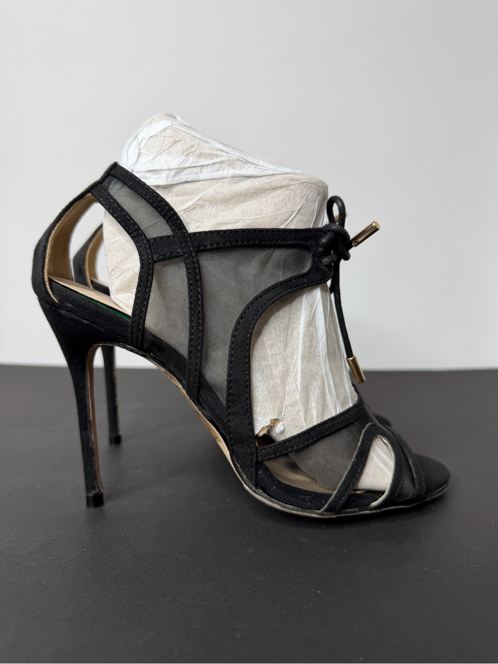Signature Black Mesh Stiletto Sandals with Lace Tie